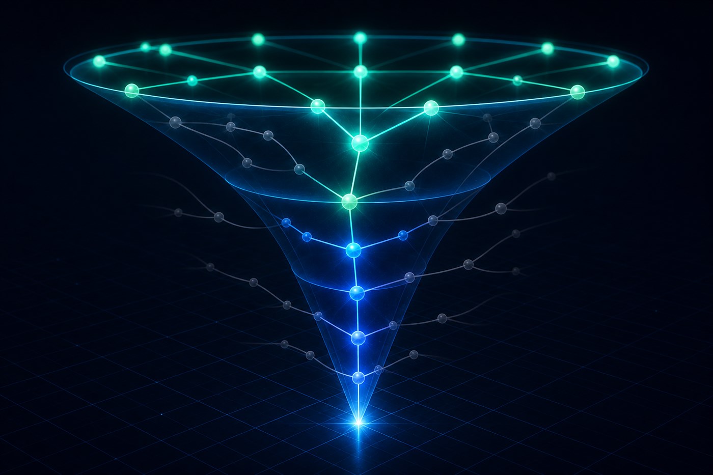 Abstract projection of a conversion funnel with visible leak paths and a clear central flow