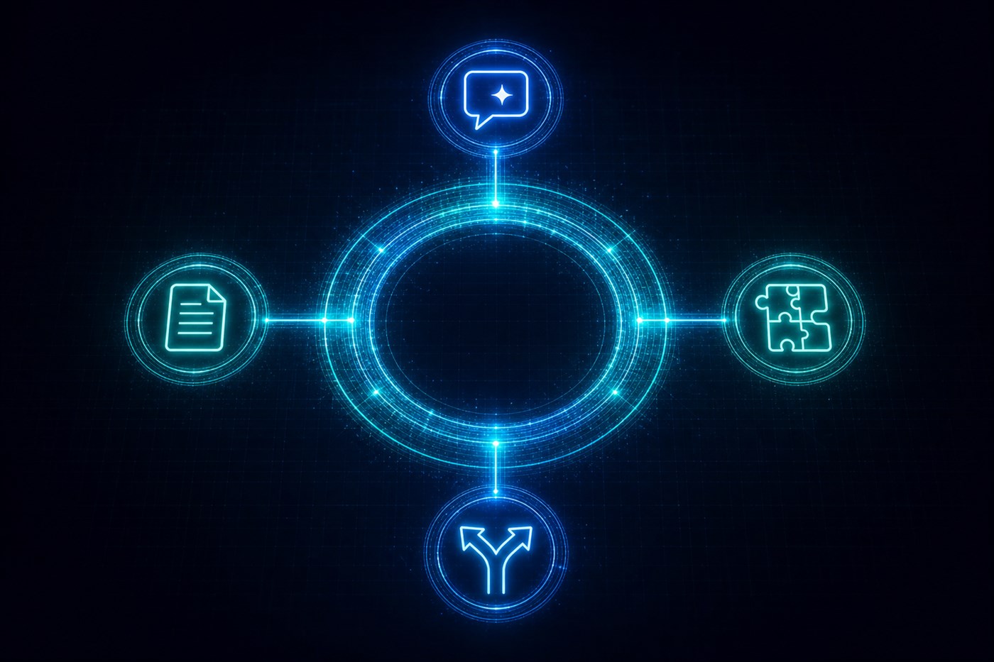 Abstract projection of open collaboration with four unique principles around a transparent decision ring