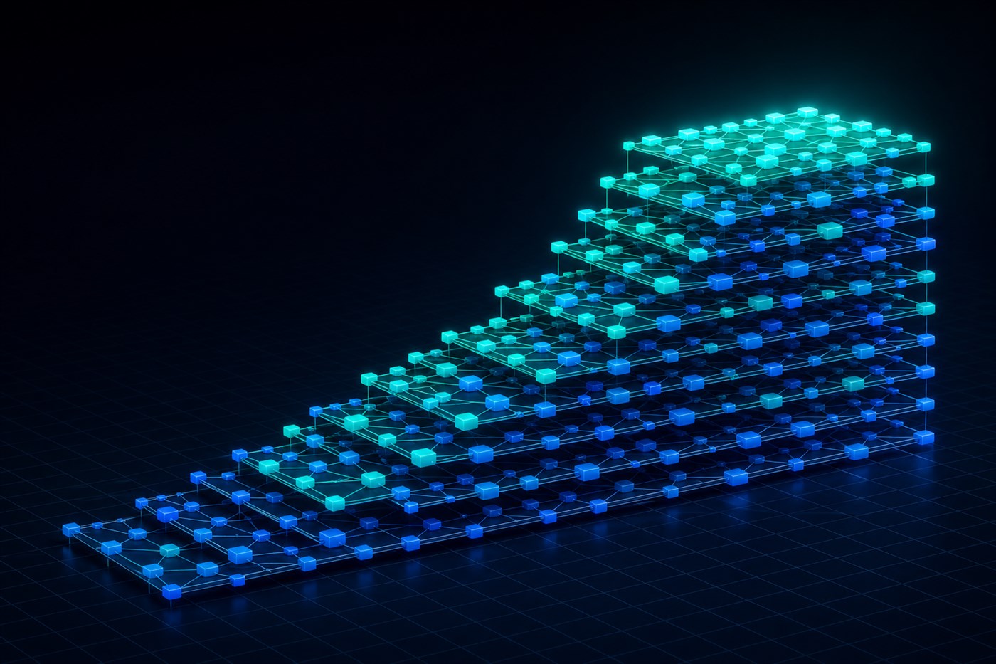 Abstract projection of a growing content library stacking in luminous layers over time