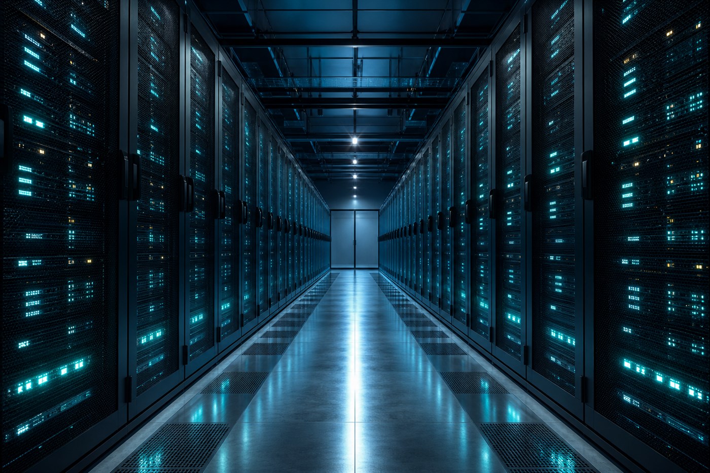 Symmetrical data center aisle with teal-lit enterprise server racks