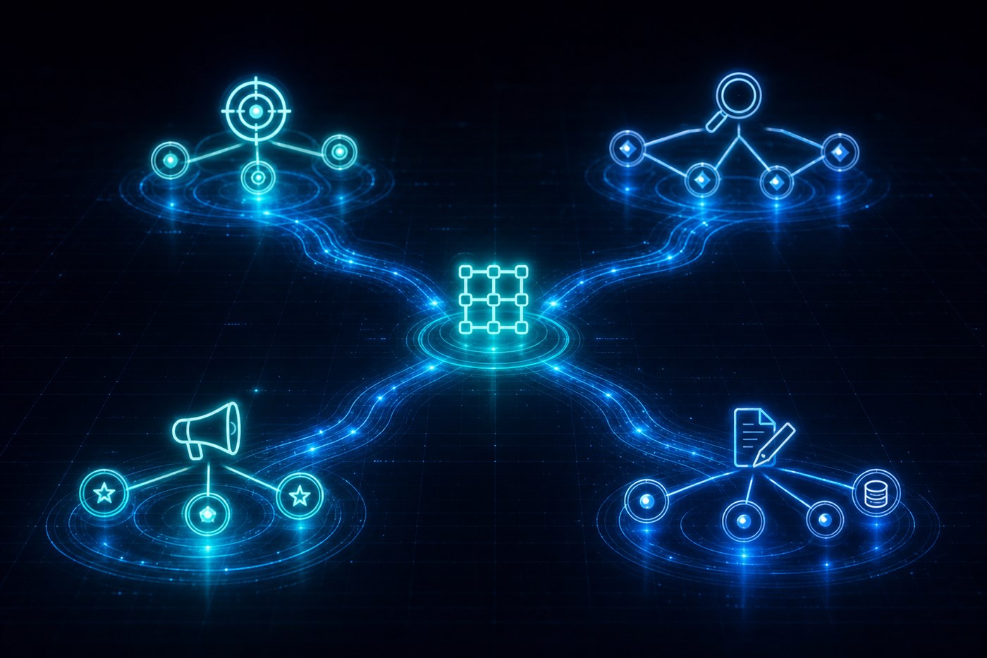 Abstract projection of a modular framework adapting into four unique industry configurations