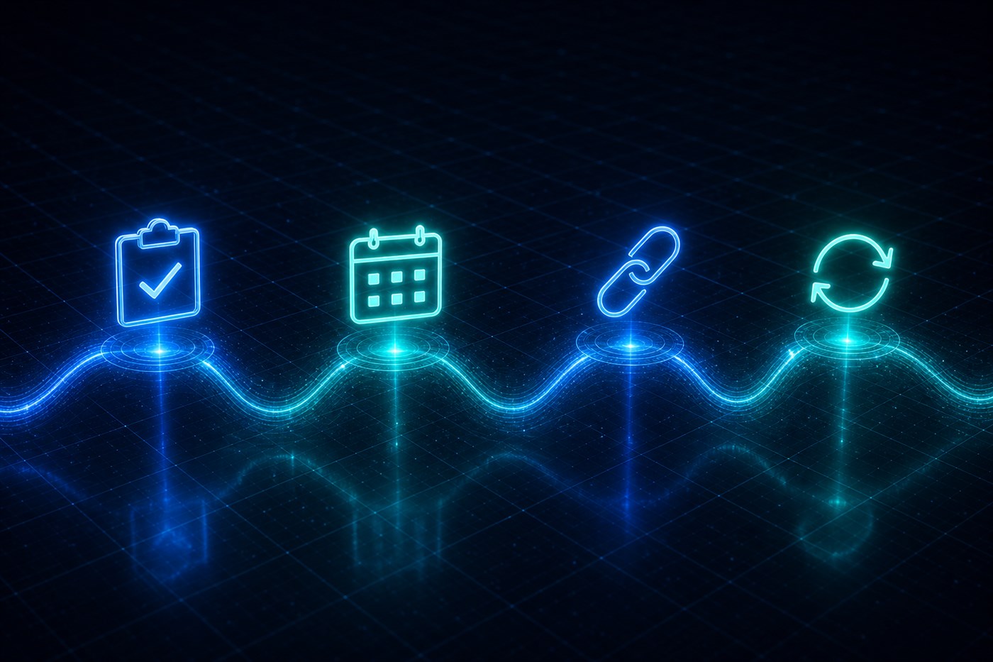 Abstract projection of weekly working rhythm icons on a steady delivery pulse wave