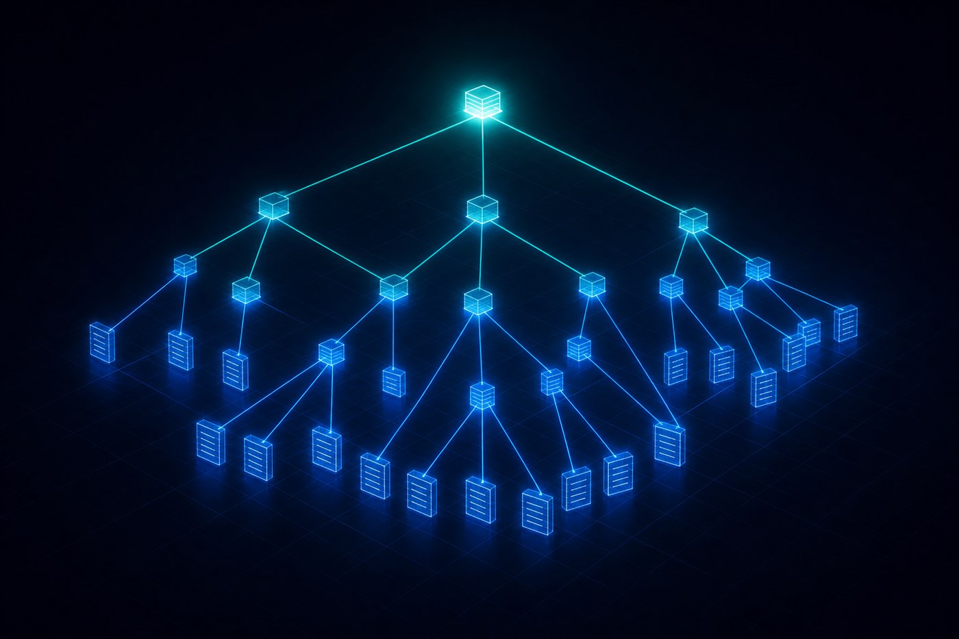 Abstract projection of a hierarchical site map tree with glowing crawl pathways