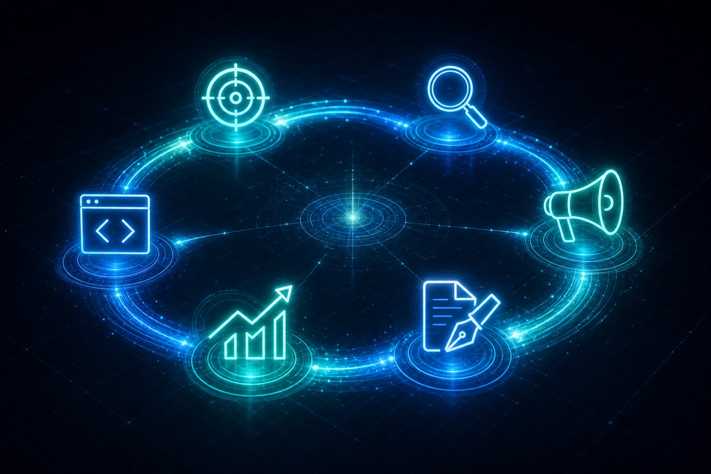 Six service icons in a continuous loop: strategy, SEO, paid media, content, analytics and web development