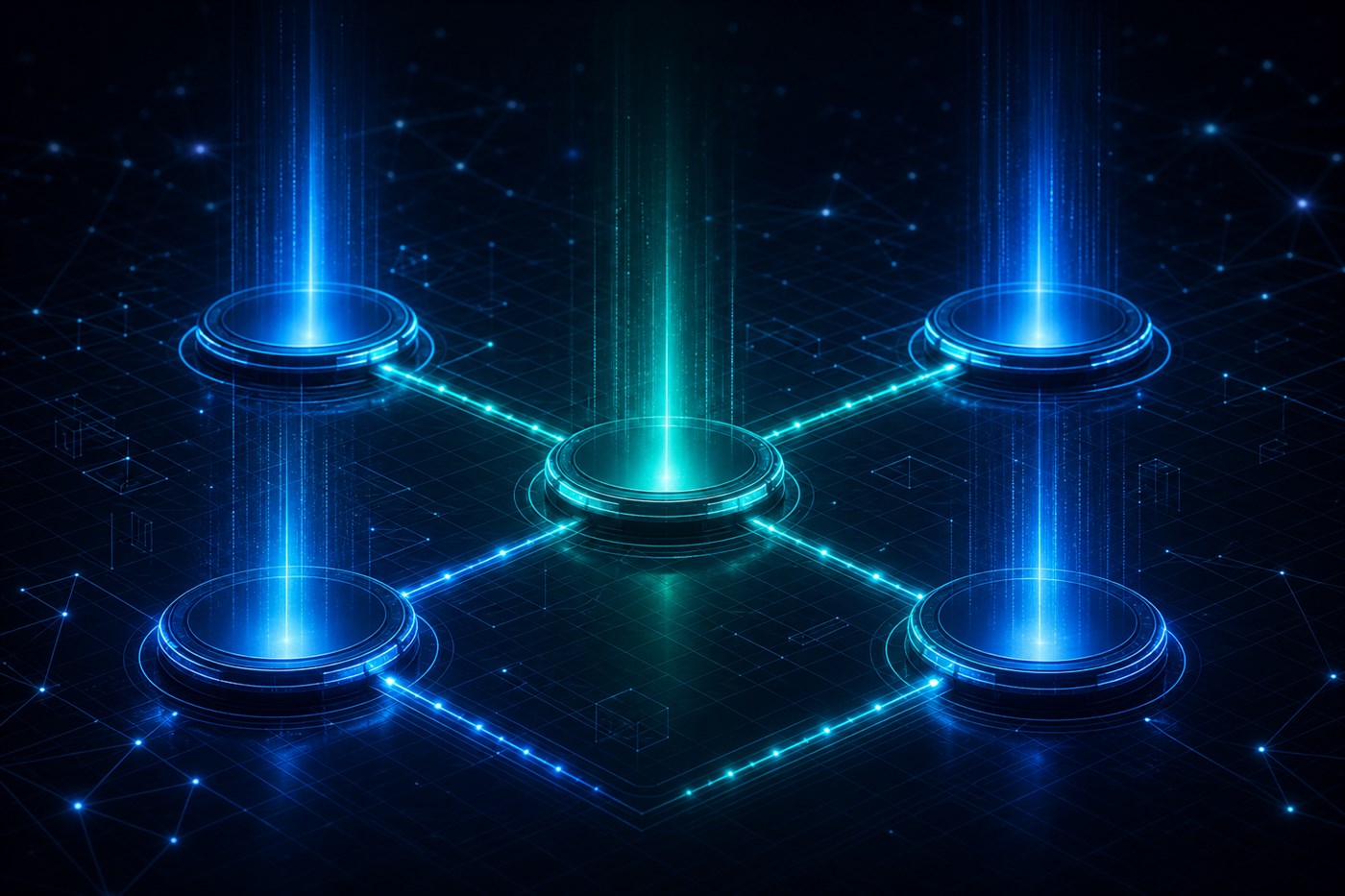 Abstract projection of five aligned IT marketing outcome nodes connected by luminous pathways