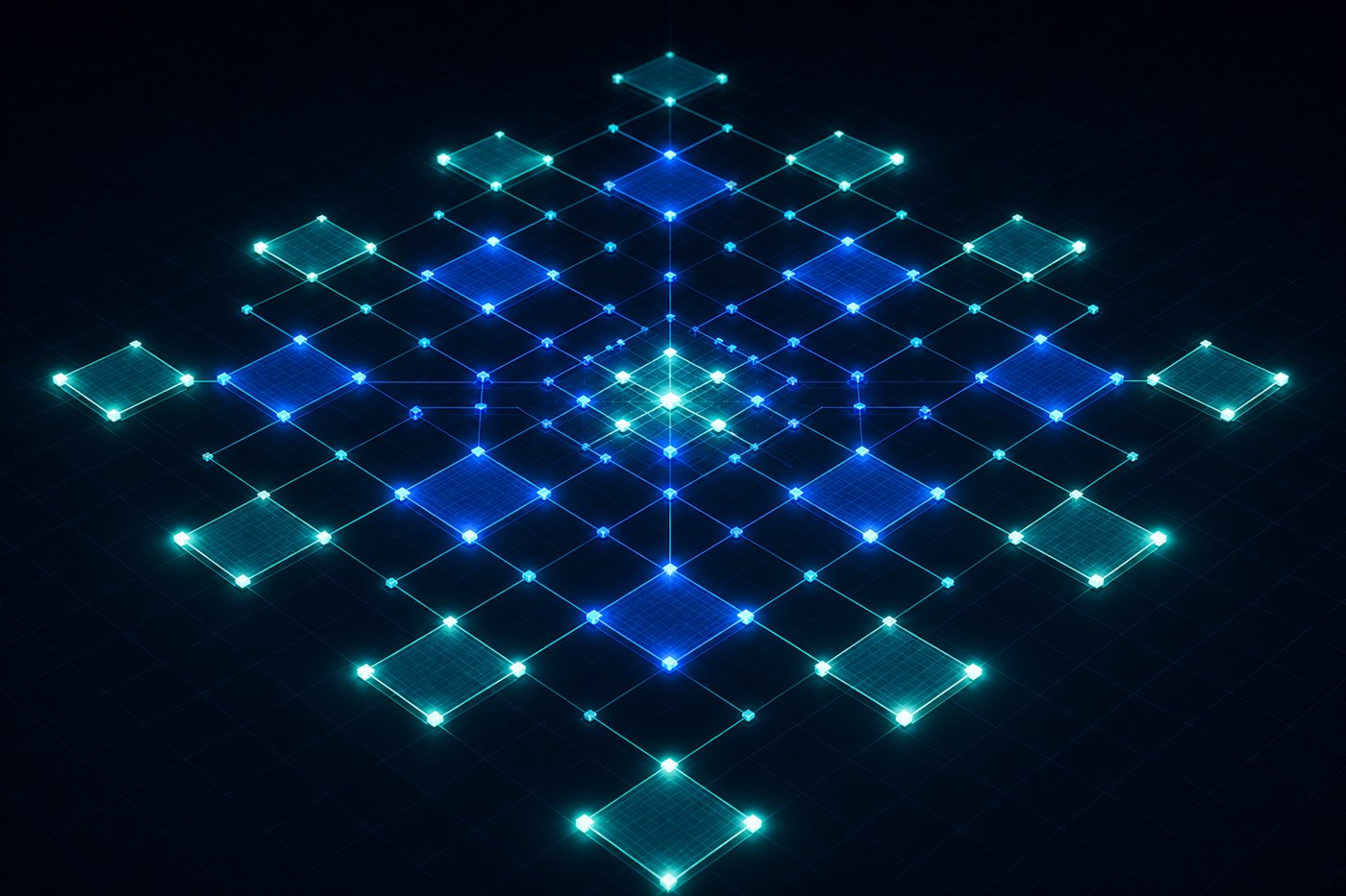 Abstract projection of a modular website grid expanding outward from a launch core