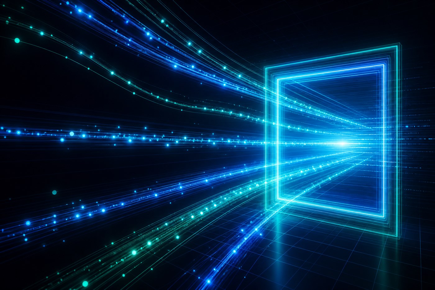 Abstract projection of marketing traffic flowing through a luminous website portal to conversion